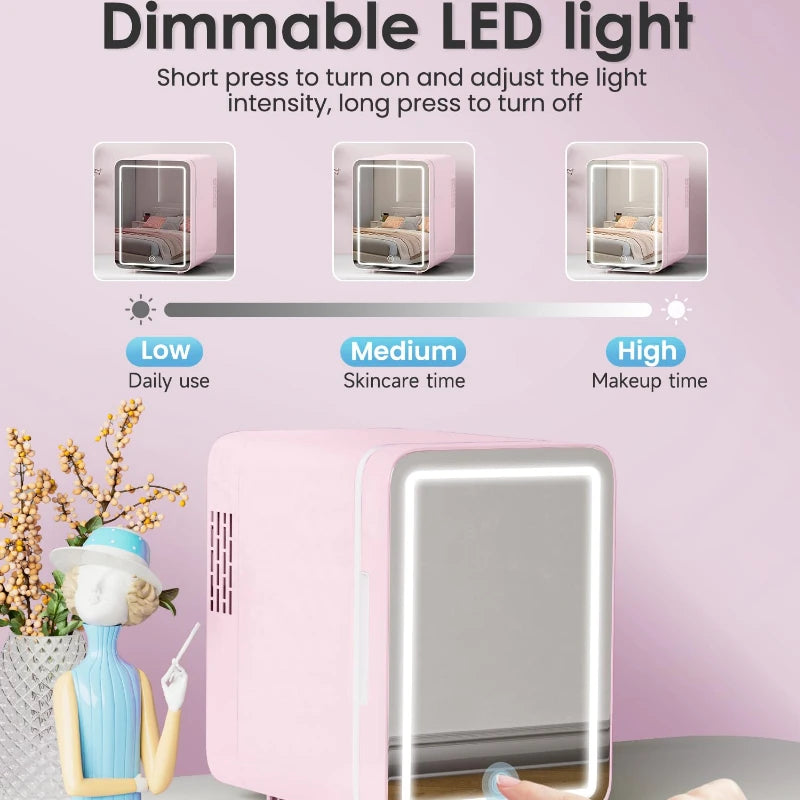 Skincare Fridge with Dimmable LED Light Mirror, 4L Makeup Mini Fridge