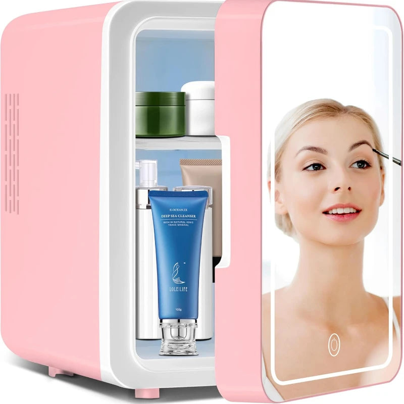 Skincare Fridge with Dimmable LED Light Mirror, 4L Makeup Mini Fridge