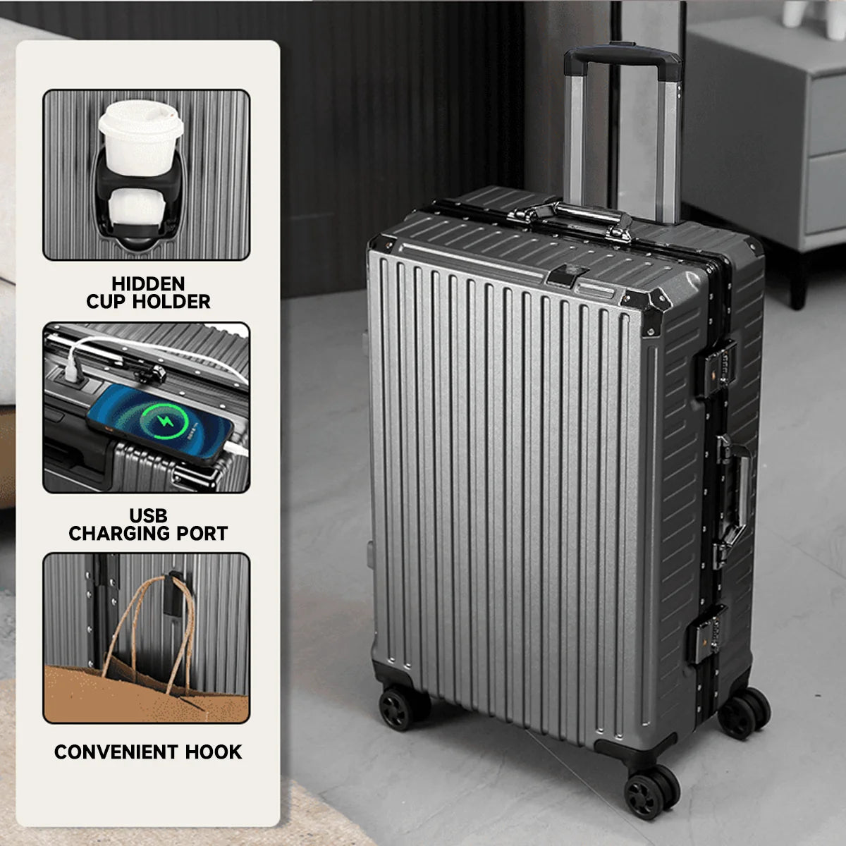 Trolley Luggage 20 24 26 28" Aluminum Frame Rolling Luggage USB